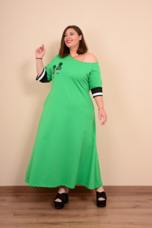 Φόρεμα που πέφτει ο ώμος - Πράσινο, 1
