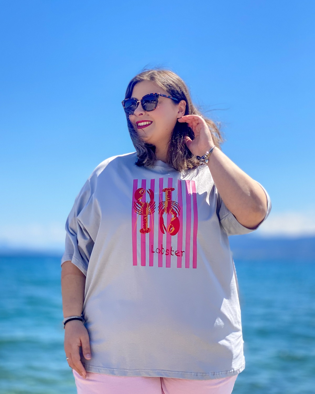 Oversized Tshirt στάμπα “Lobster Ριγέ” - Γκρι, 2