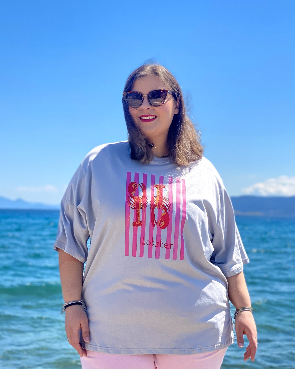 Oversized Tshirt στάμπα “Lobster Ριγέ” - Γκρι, 2