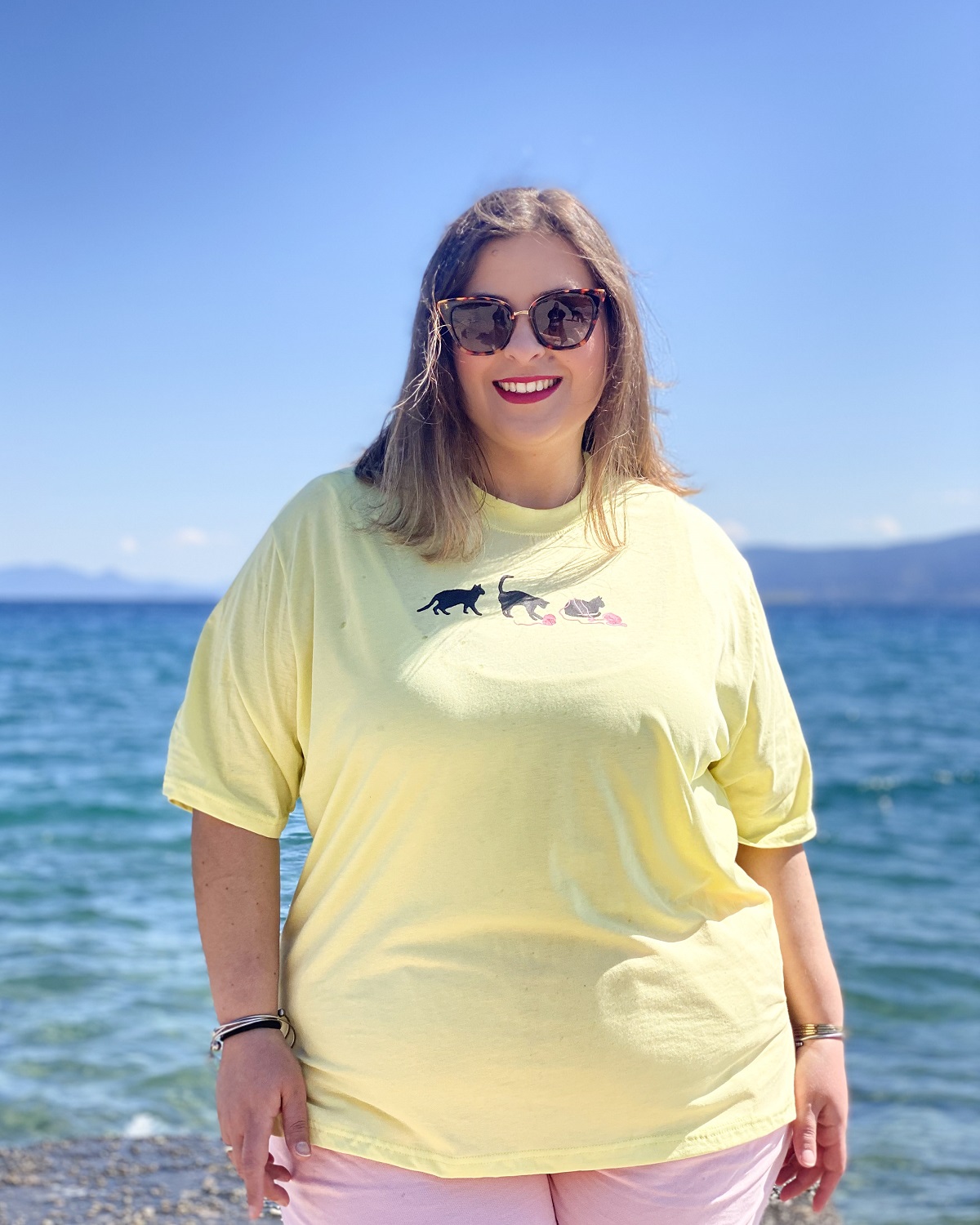 Oversized Tshirt στάμπα “Happy Cat” - Κίτρινο, 1