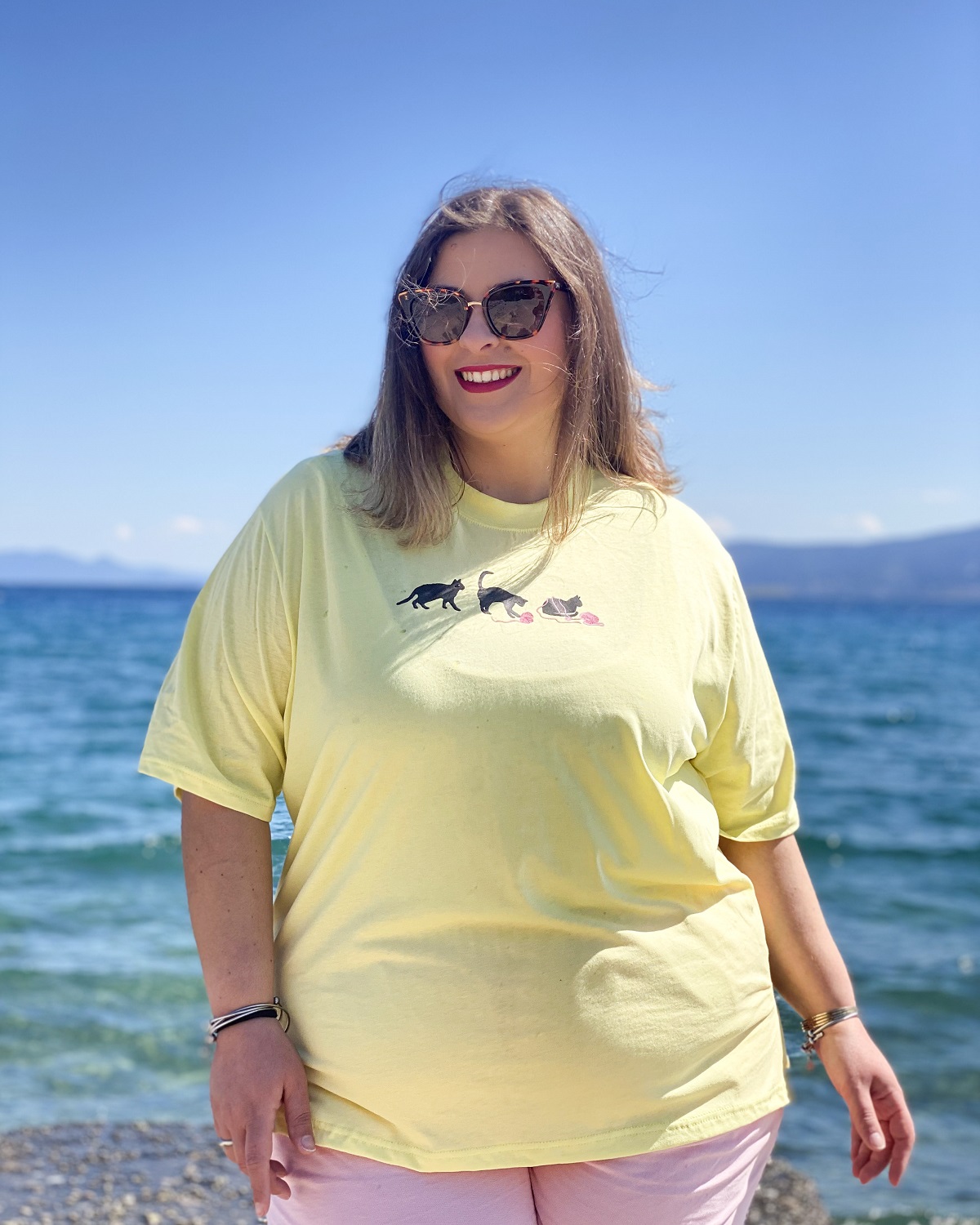 Oversized Tshirt στάμπα “Happy Cat” - Κίτρινο, 1