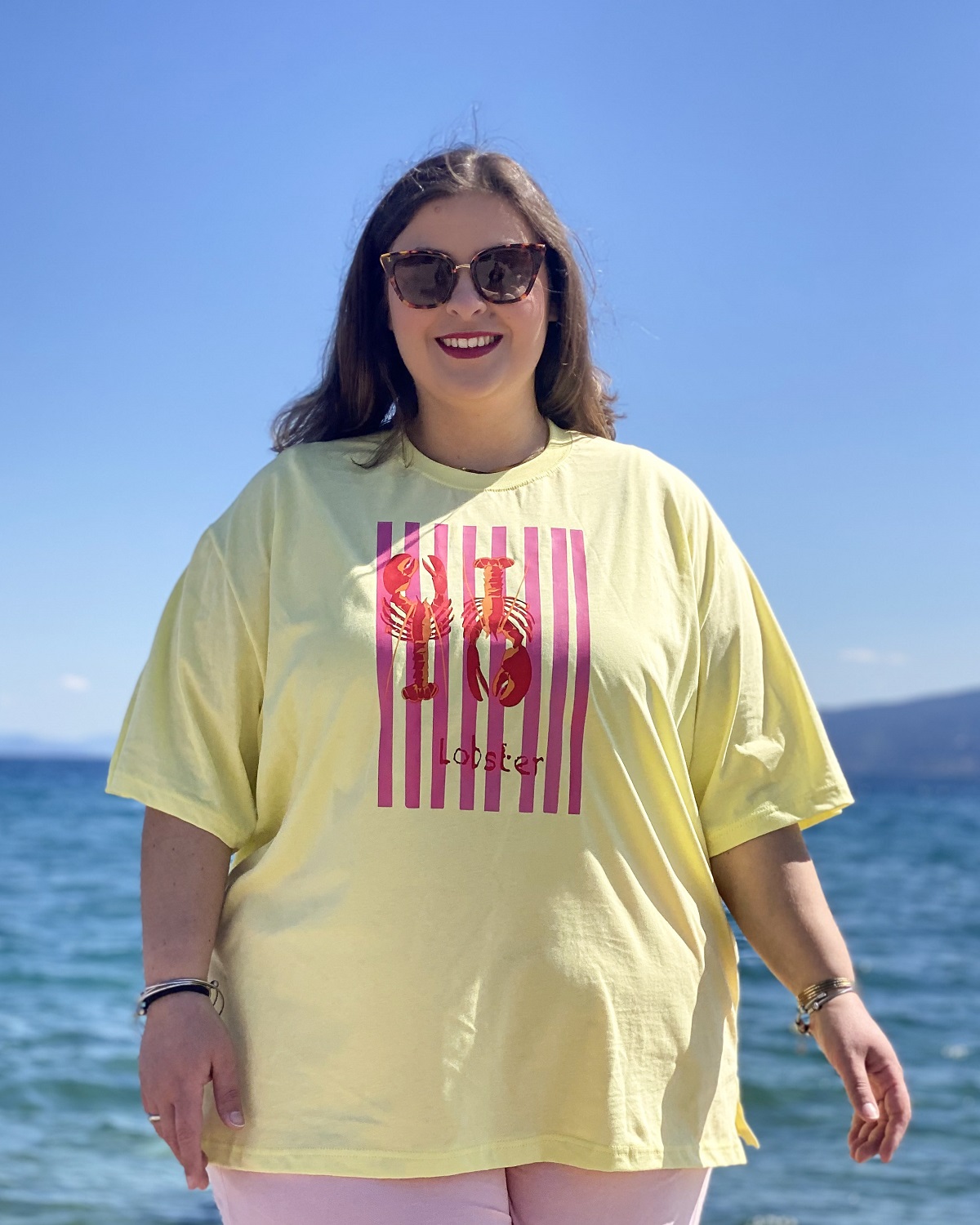 Oversized Tshirt στάμπα “Lobster Ριγέ” - Κίτρινο, 1