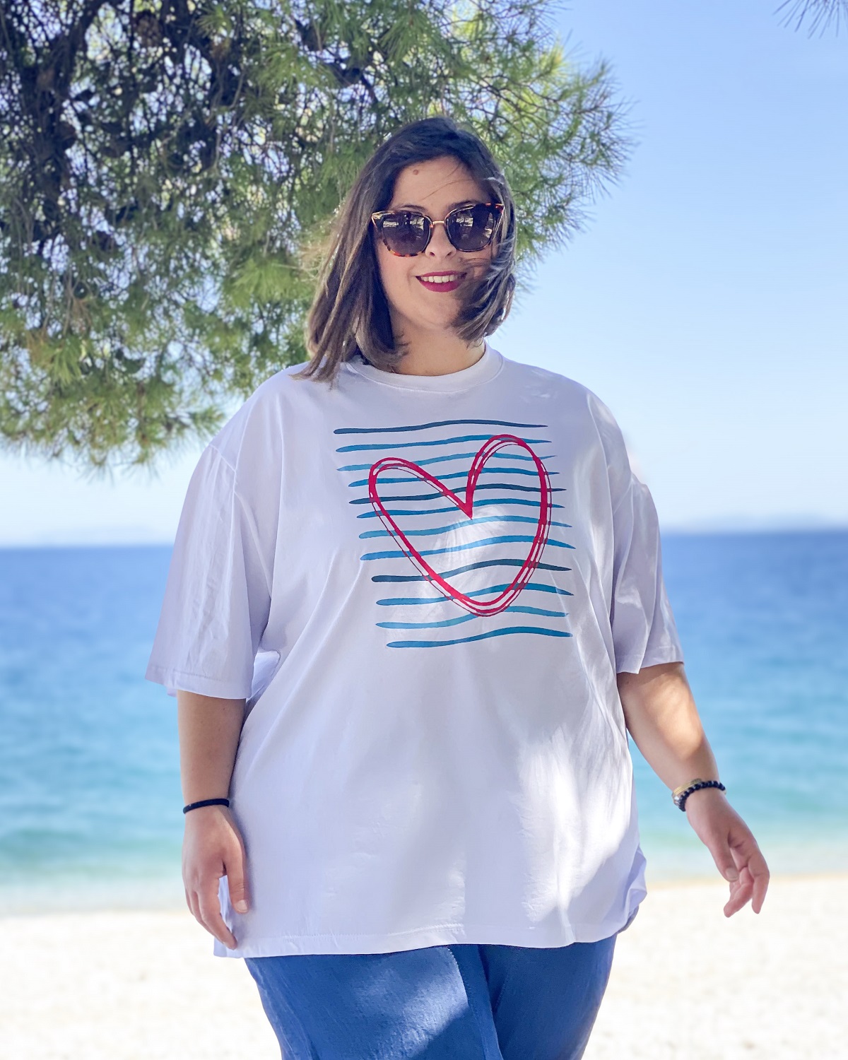 Oversized Tshirt στάμπα “Ρίγες με καρδιά” - Λευκό, 1