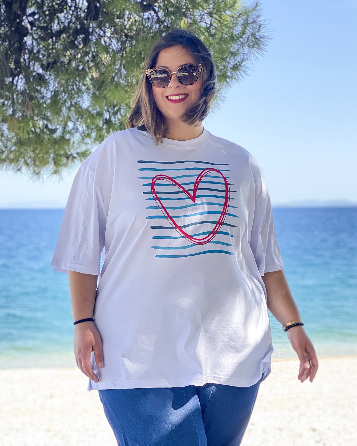 Oversized Tshirt στάμπα “Ρίγες με καρδιά”
