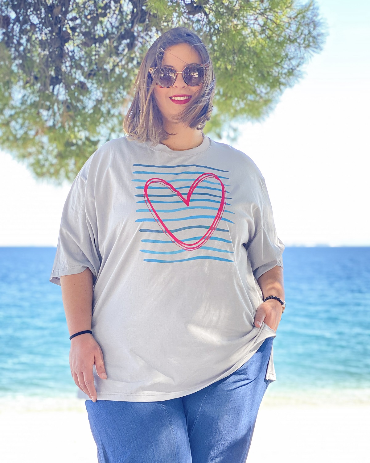 Oversized Tshirt στάμπα “Ρίγες με καρδιά” - Γκρι, 1