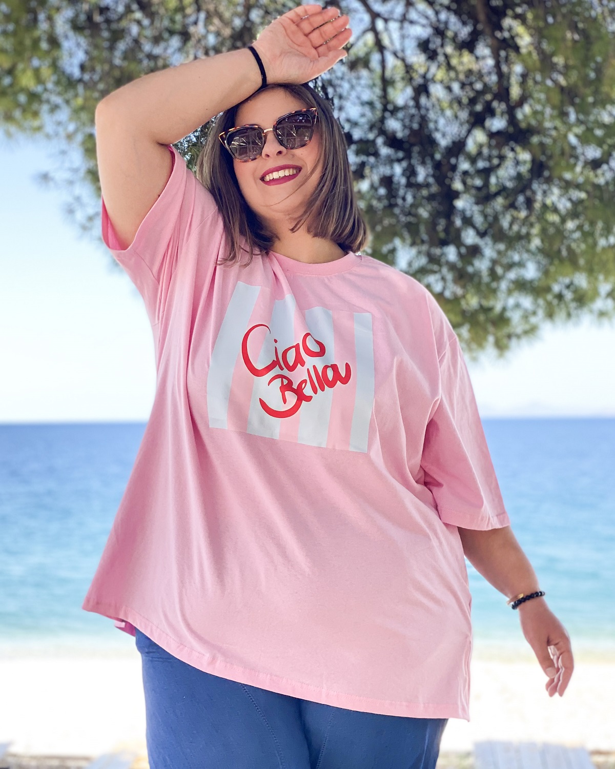 Oversized Tshirt στάμπα “Ciao Bella” - Ροζ, 1