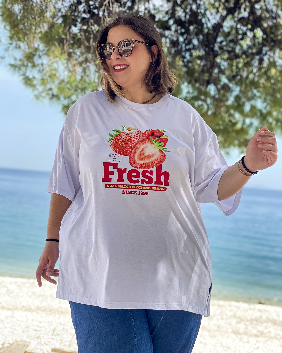 Oversized Tshirt στάμπα “Fresh Φράουλα” - Λευκό, 1