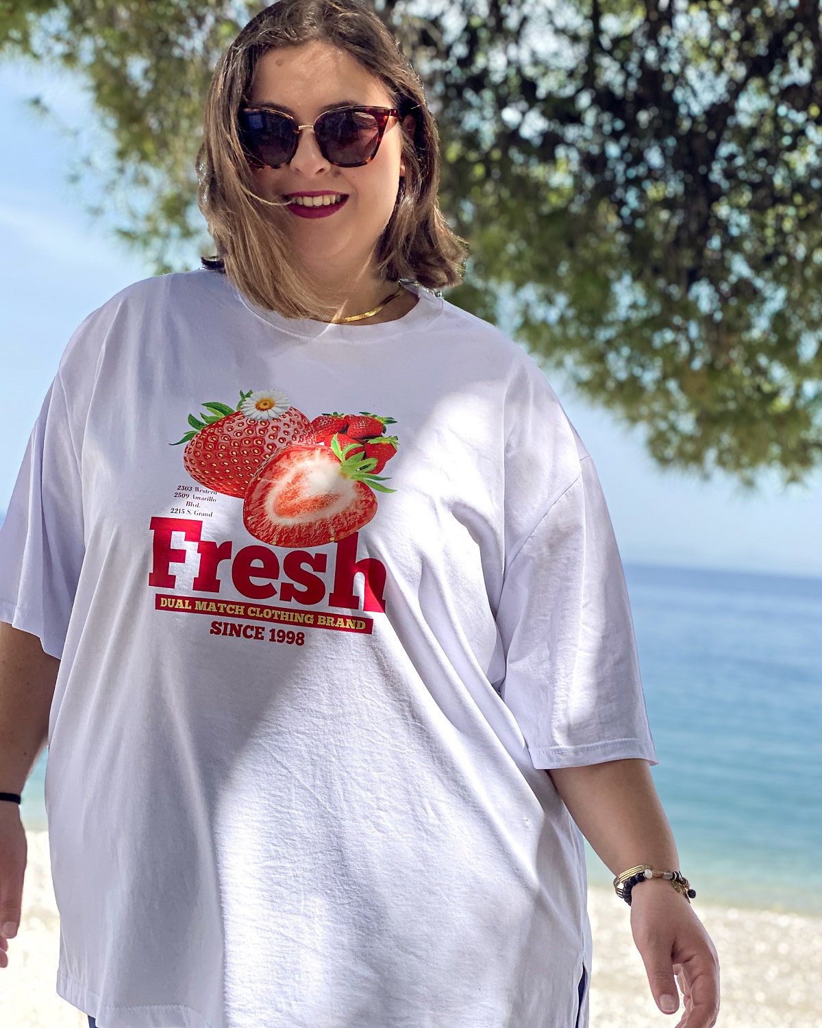 Oversized Tshirt στάμπα “Fresh Φράουλα” - Λευκό, 1