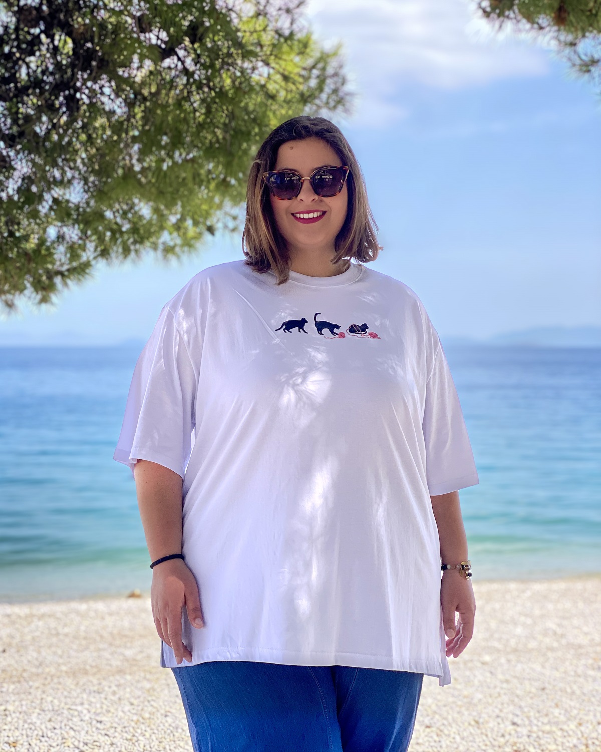 Oversized Tshirt στάμπα “Happy Cat” - Λευκό, 1