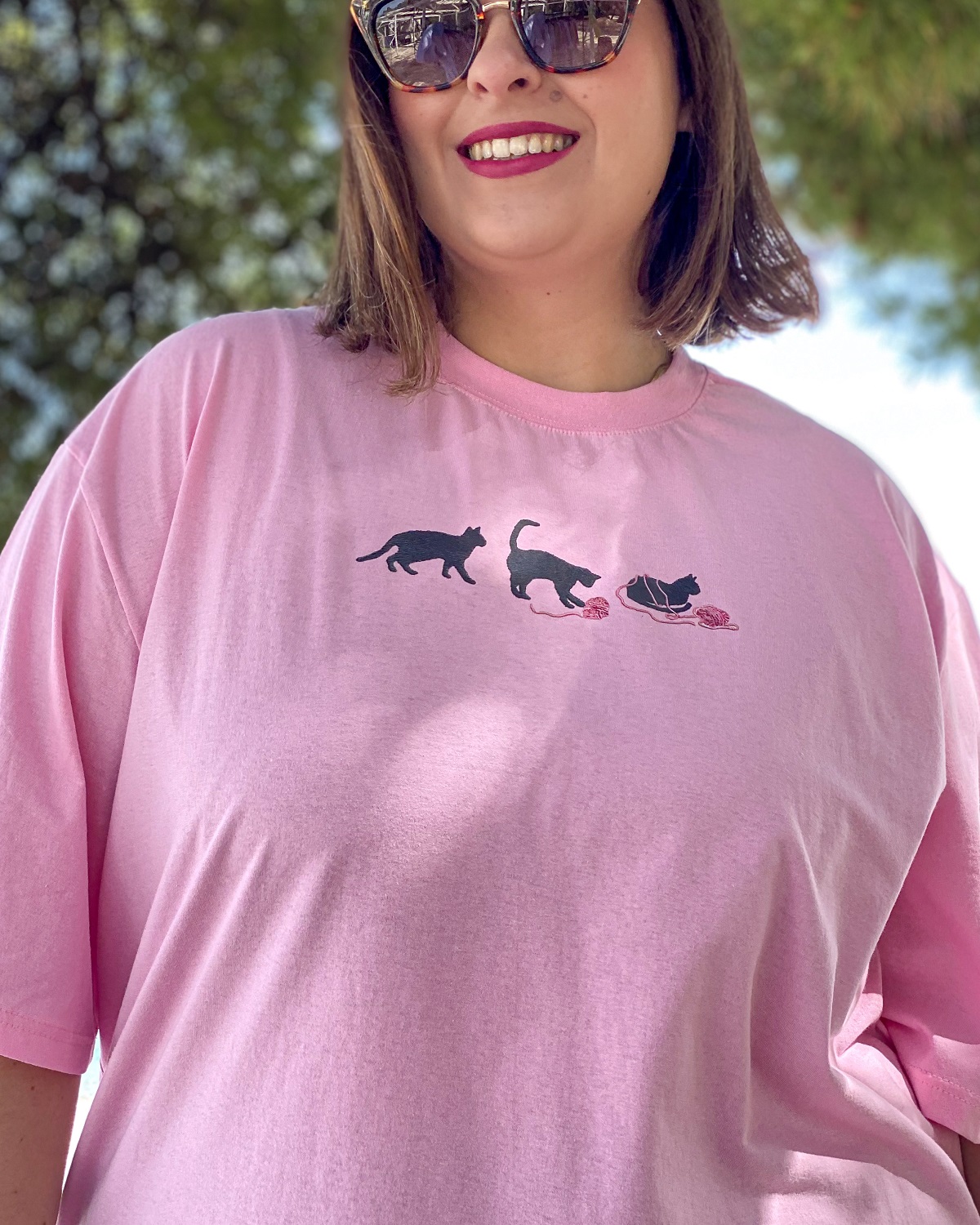 Oversized Tshirt στάμπα “Happy Cat” - Ροζ, 1