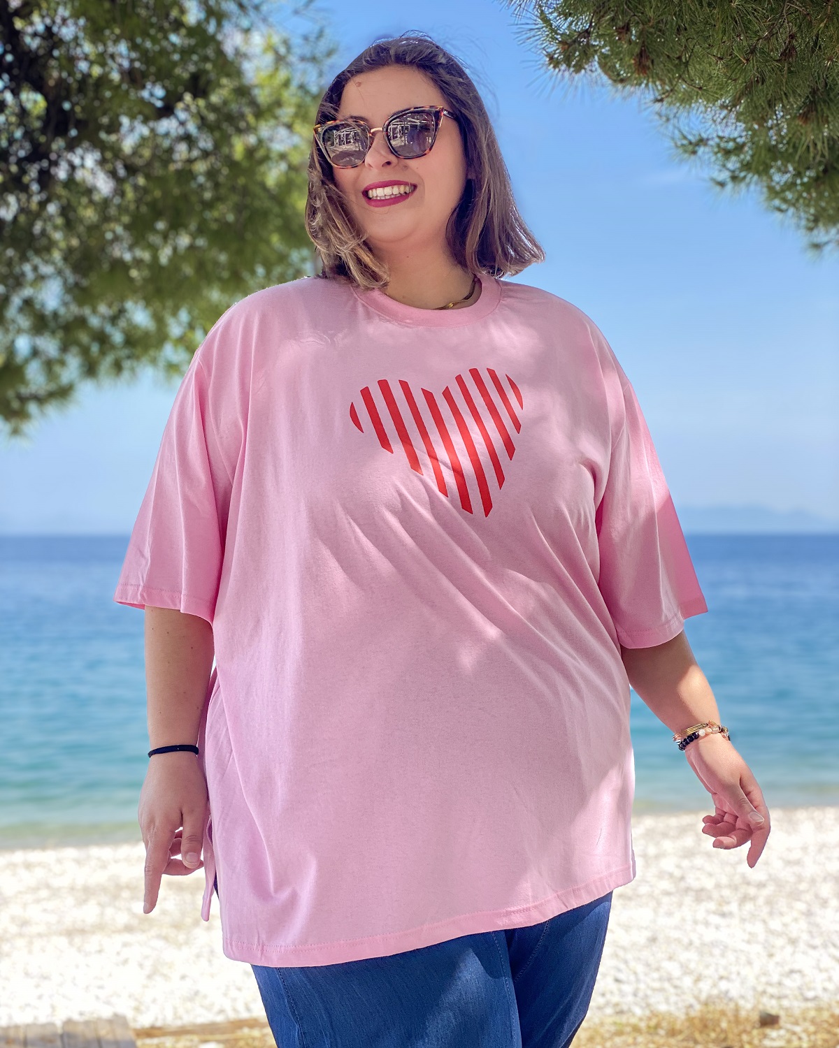 Oversized Tshirt στάμπα “Ρίγε Καρδιά” - Ροζ, 1