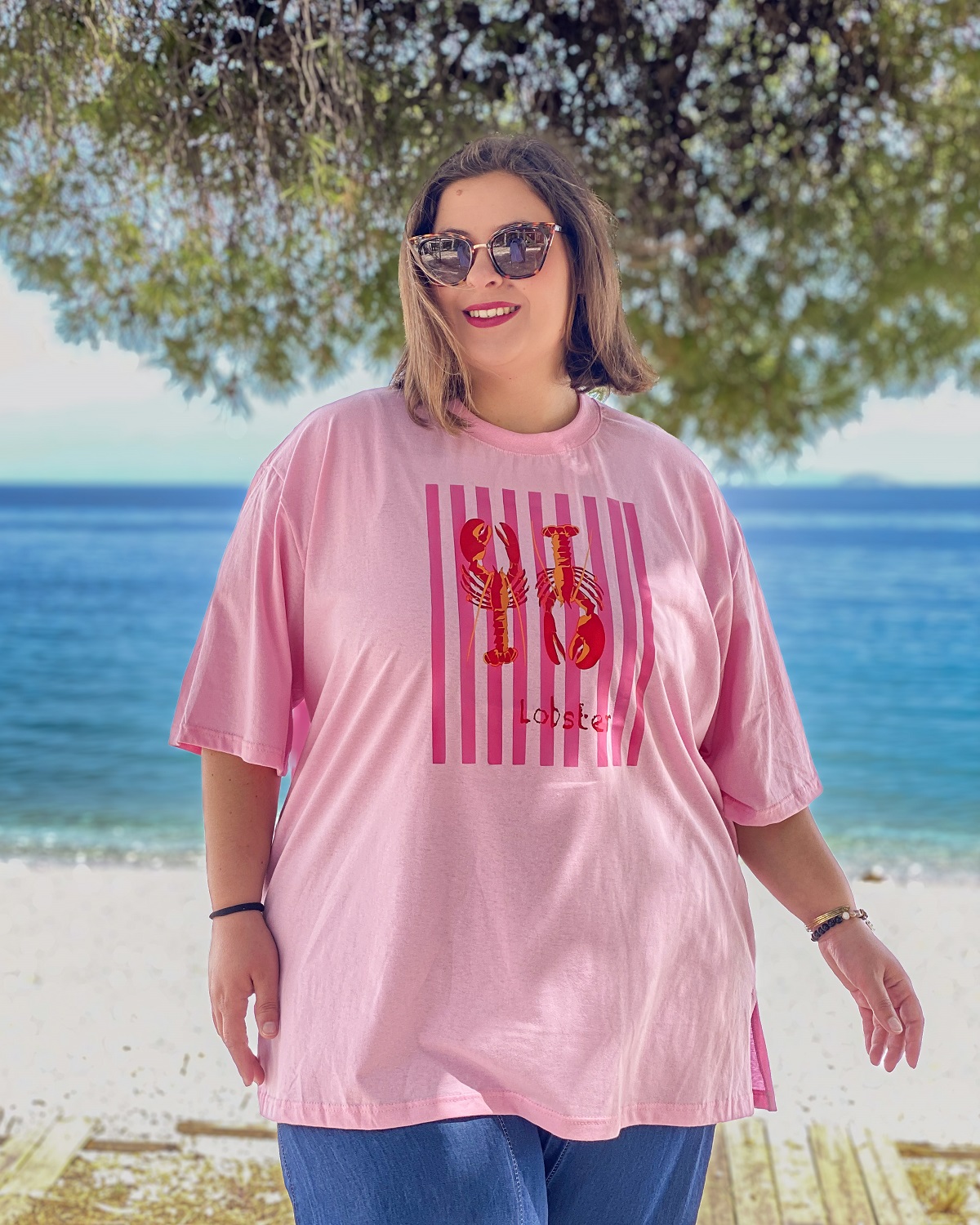 Oversized Tshirt στάμπα “Lobster Ριγέ” - Ροζ, 1