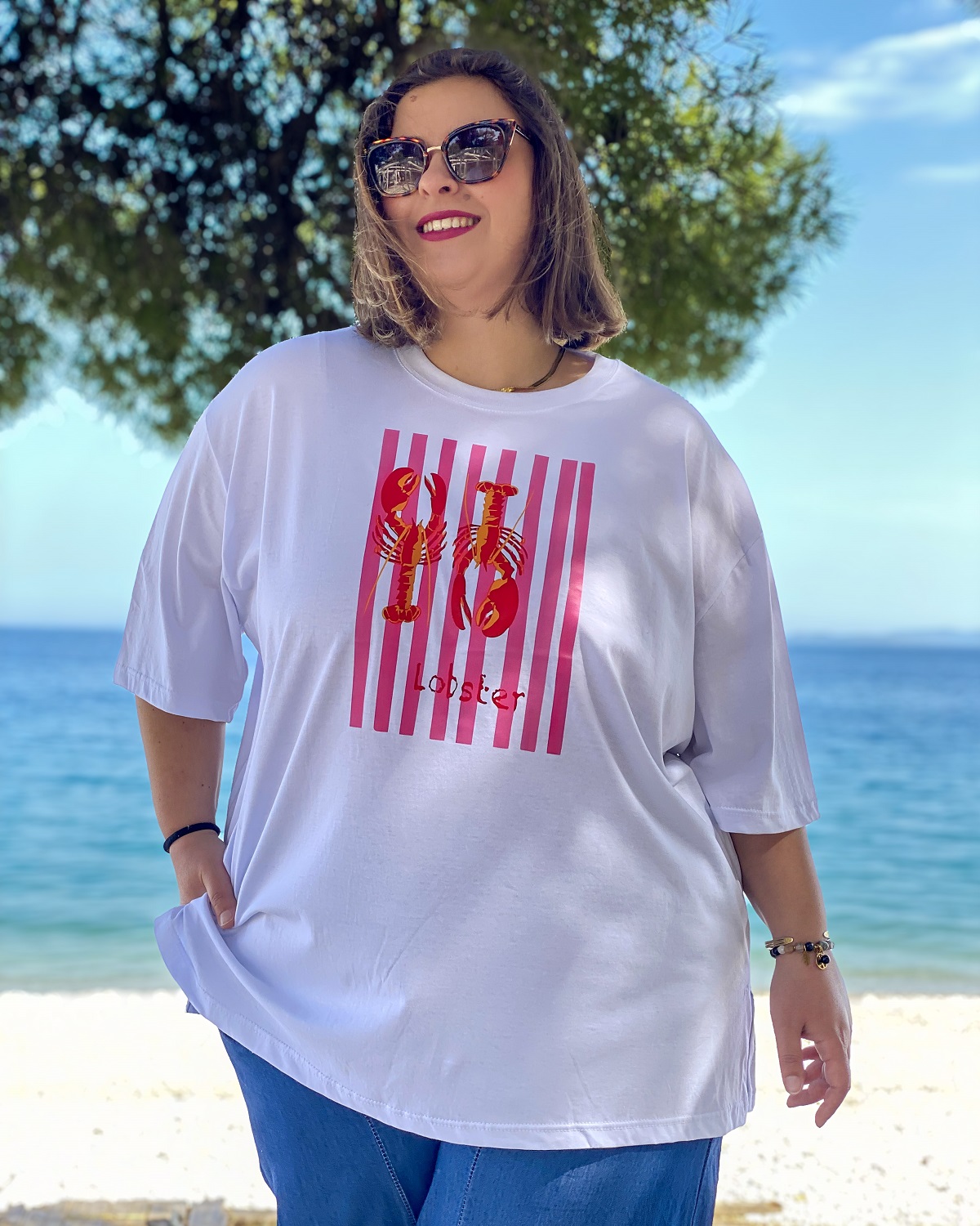 Oversized Tshirt στάμπα “Lobster Ριγέ” - Λευκό, 1