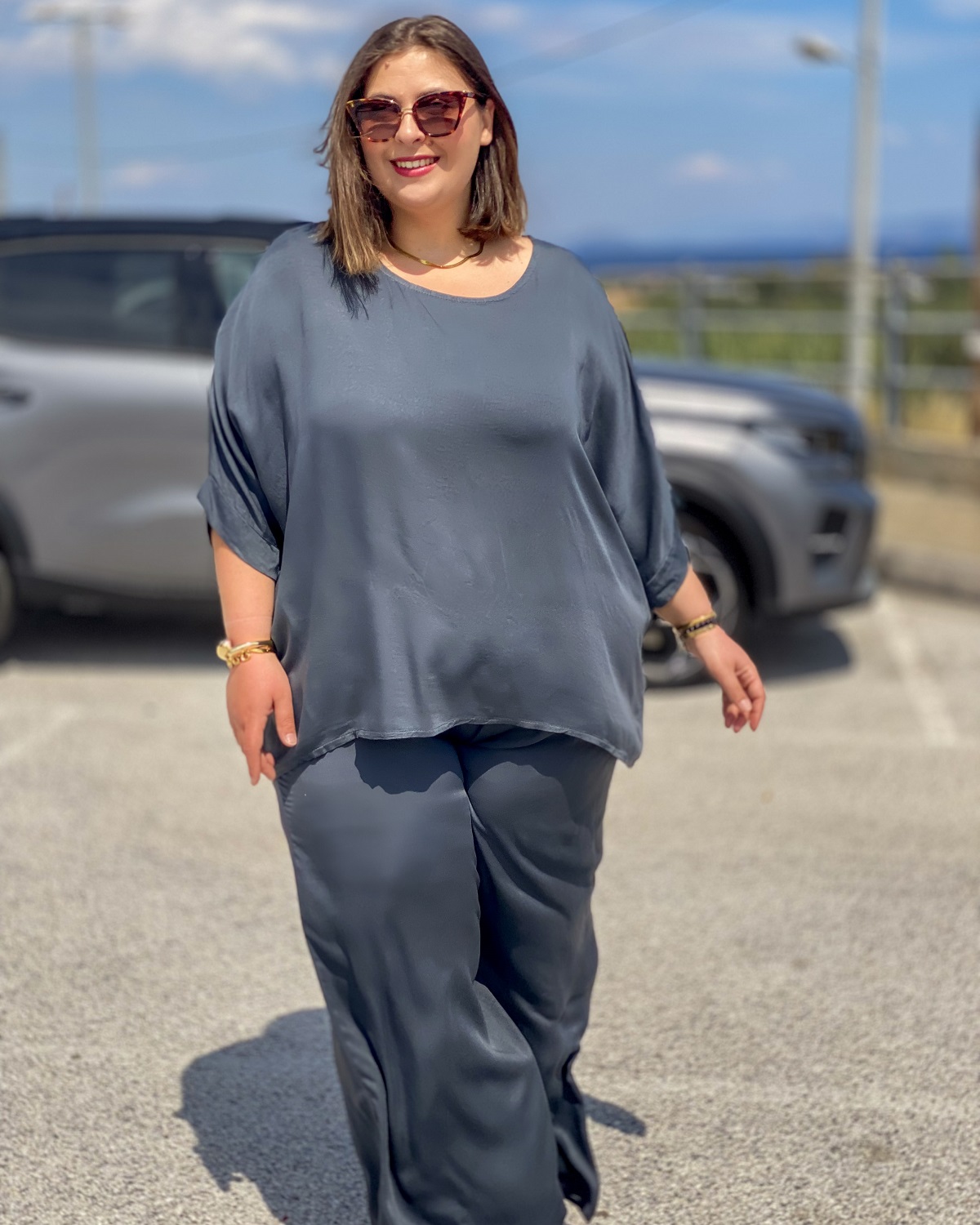 Σετ Μπλούζα - Παντελόνι Plus Size - Γκρι σκούρο, One Size