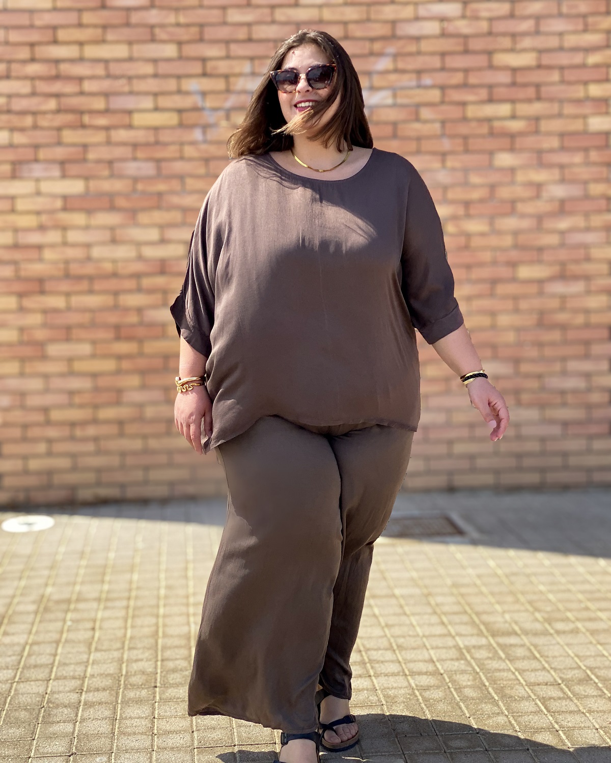Σετ Μπλούζα - Παντελόνι Plus Size - Καφέ, One Size