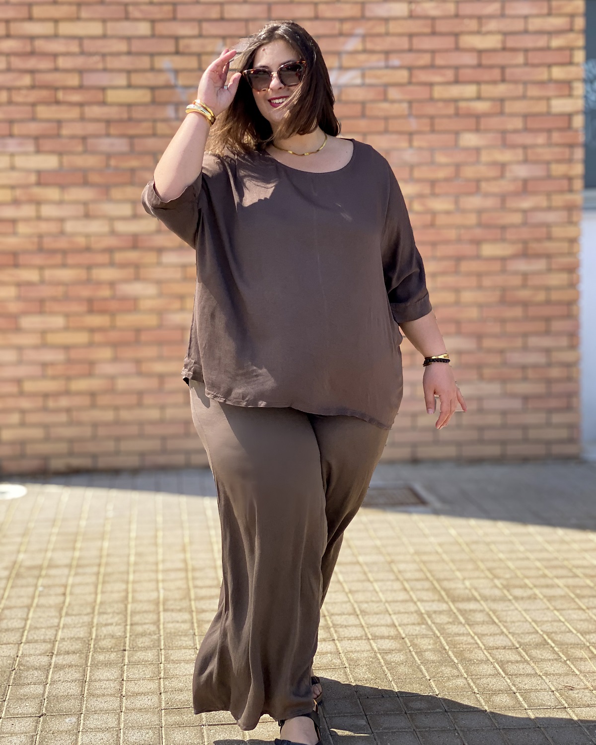 Σετ Μπλούζα - Παντελόνι Plus Size - Καφέ, One Size