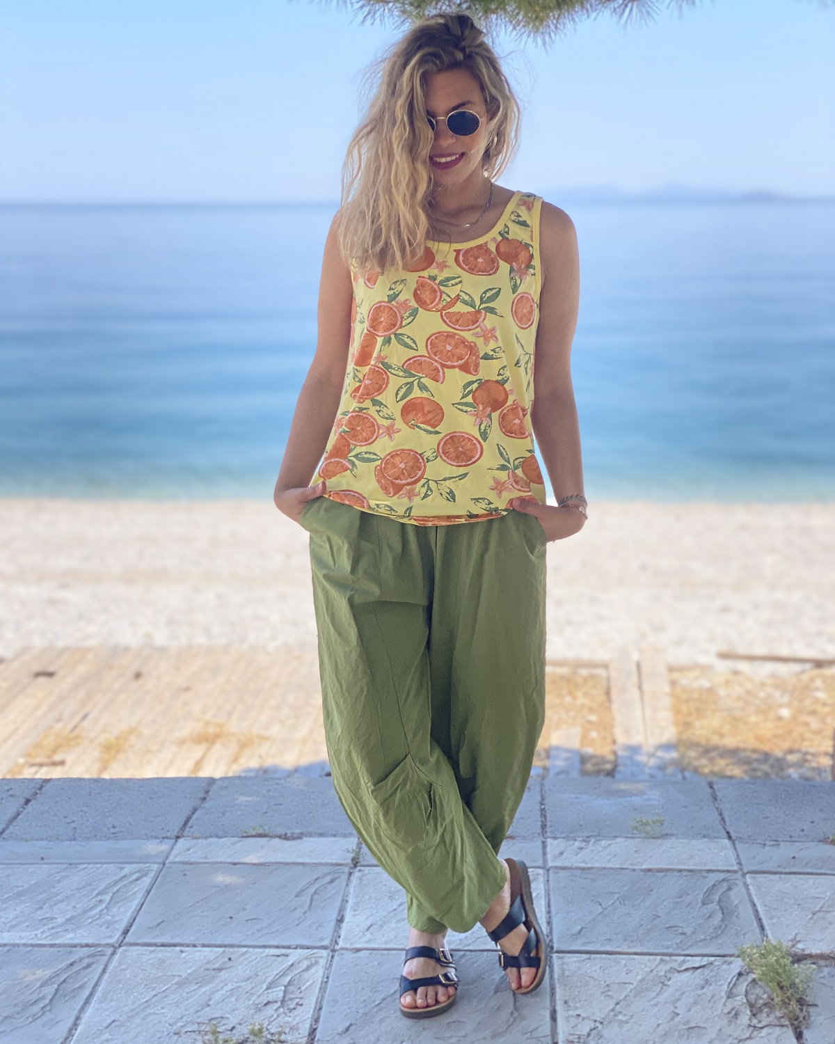 Boho Βαμβακερό Παντελόνι με Τσέπες - Λάιμ, One Size
