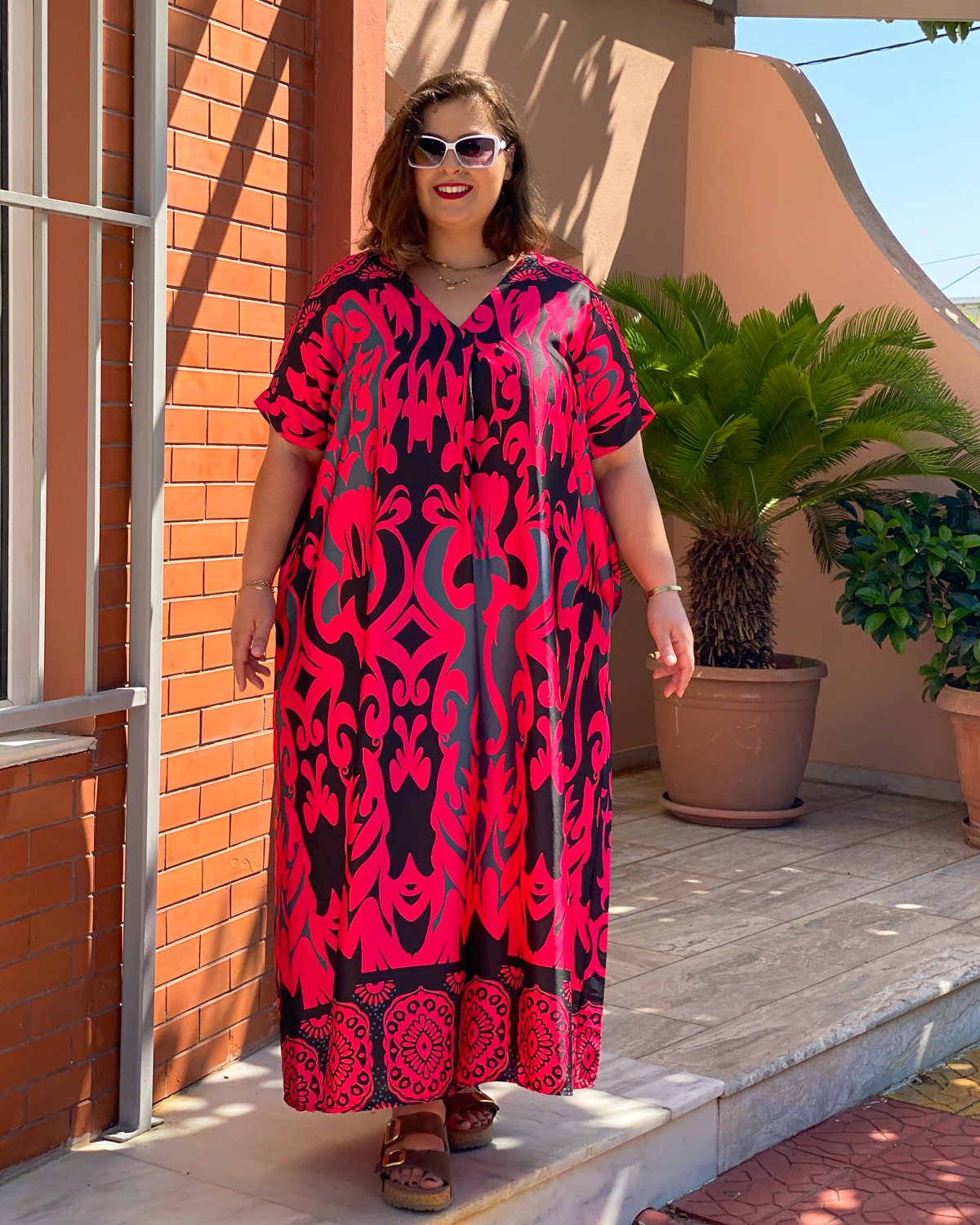 Φόρεμα με κοντό μανίκι Oversized - Καφέ, One Size