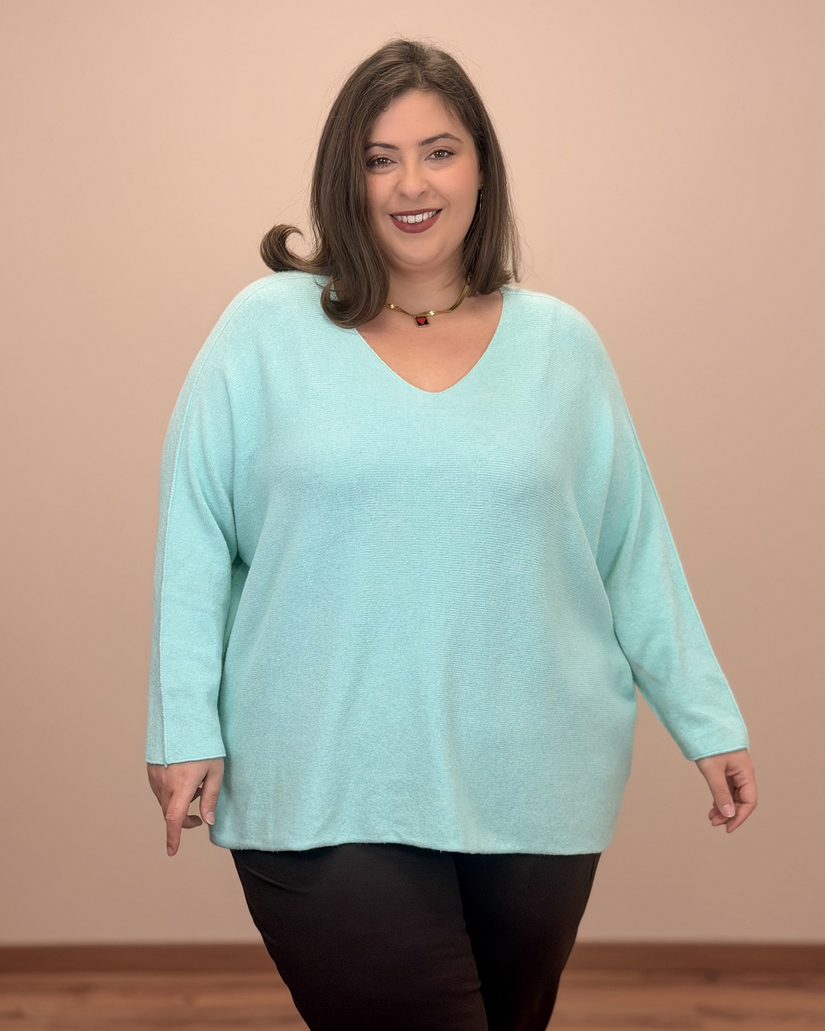 Oversized Πουλόβερ με V Ντεκολτέ - Άκουα, One SizeOversized Πουλόβερ με V Ντεκολτέ - Άκουα, One Size