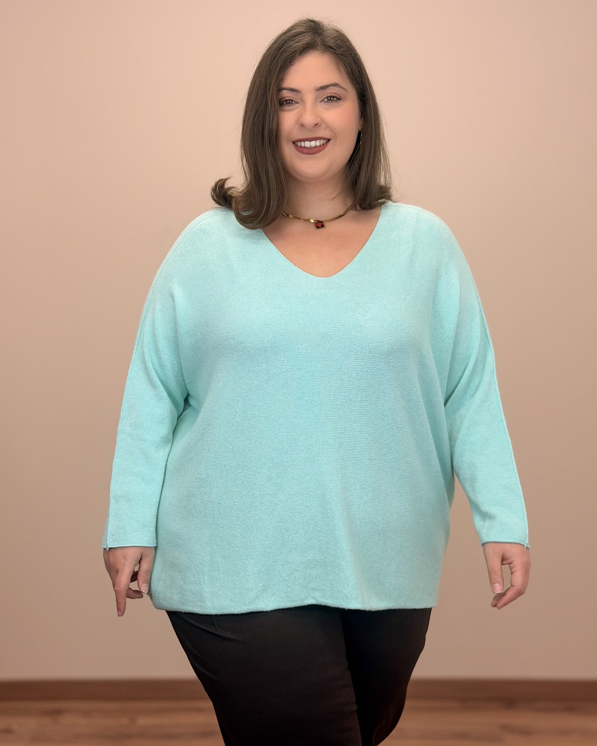 Oversized Πουλόβερ με V Ντεκολτέ - Άκουα, One Size