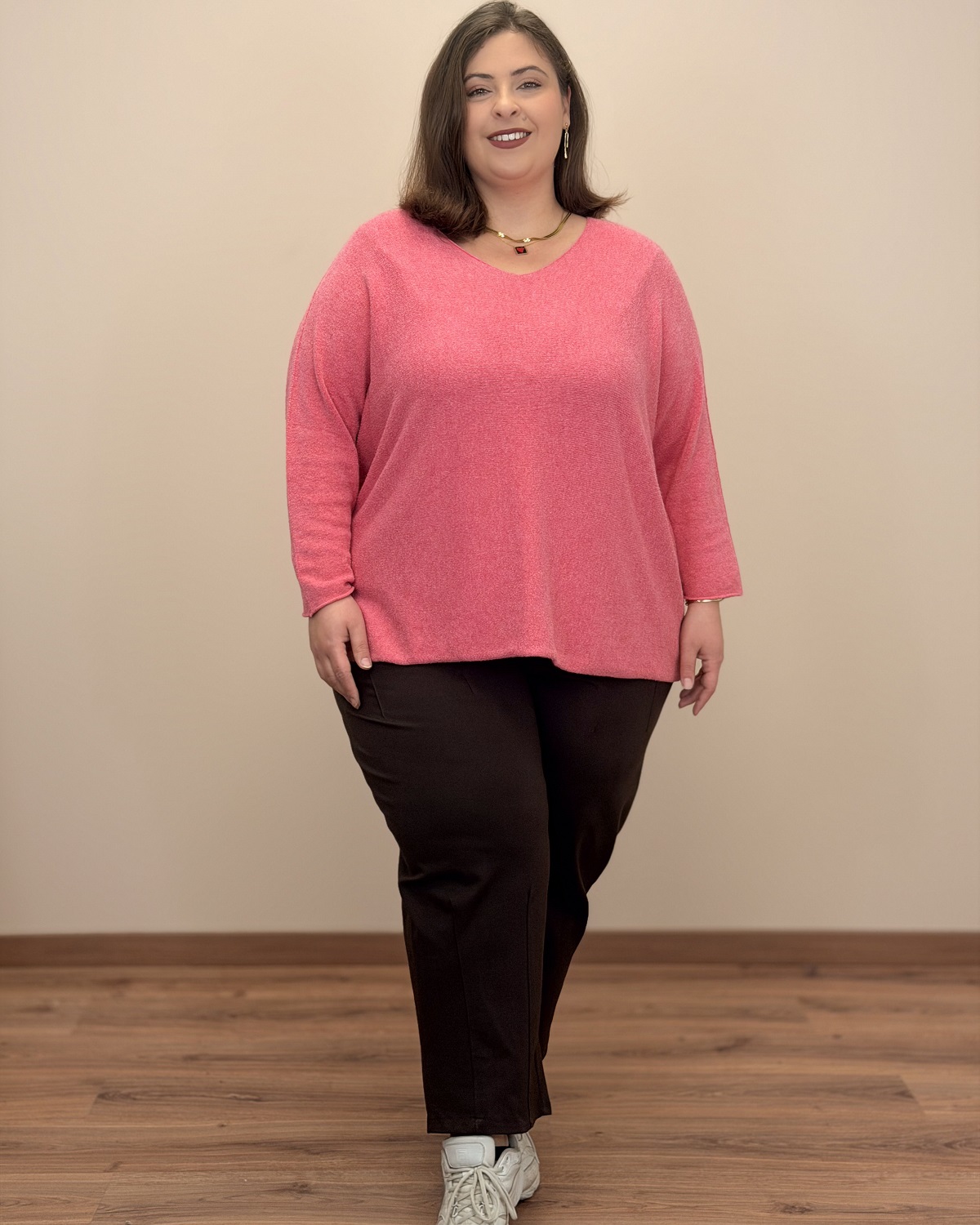 Oversized Πουλόβερ με V Ντεκολτέ - Τσιχλόφουσκα, One Size