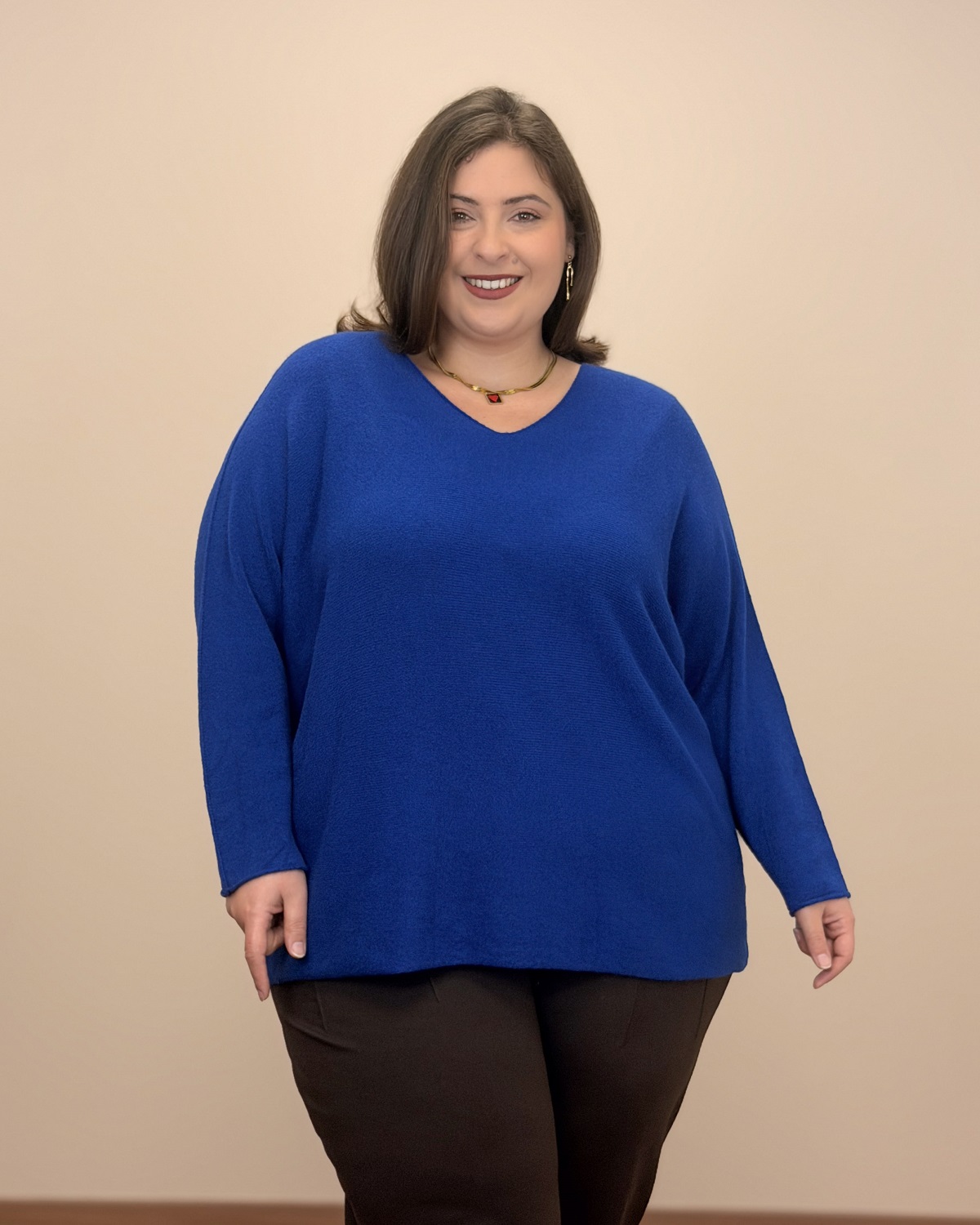 Oversized Πουλόβερ με V Ντεκολτέ - Μπλε ρουά, One Size