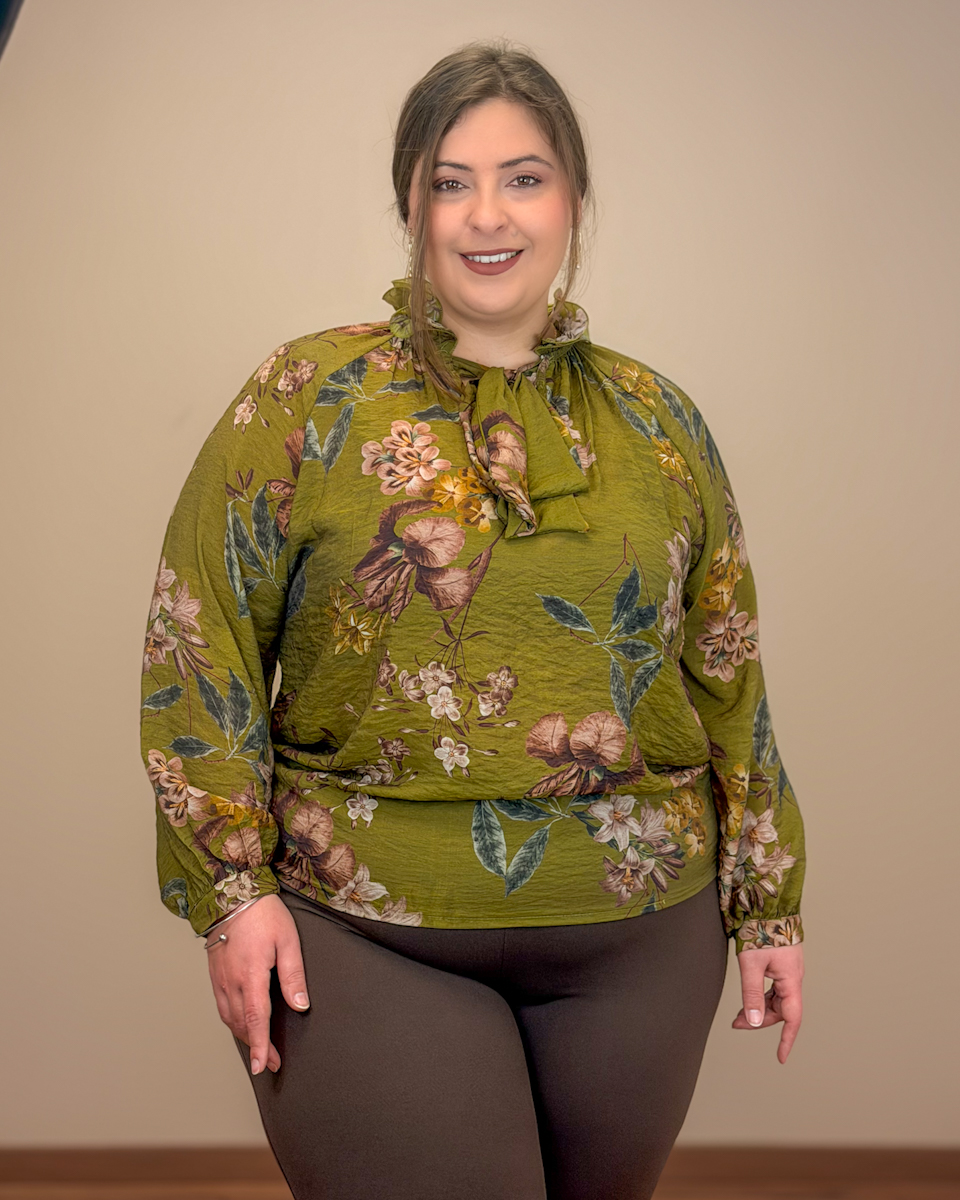 Γυναικείο Floral Μπλούζοπουκάμισο | Δέσιμο στον Λαιμό με Ρομαντικό ΒολάνΓυναικείο Floral Μπλούζοπουκάμισο | Δέσιμο στον Λαιμό με Ρομαντικό Βολάν