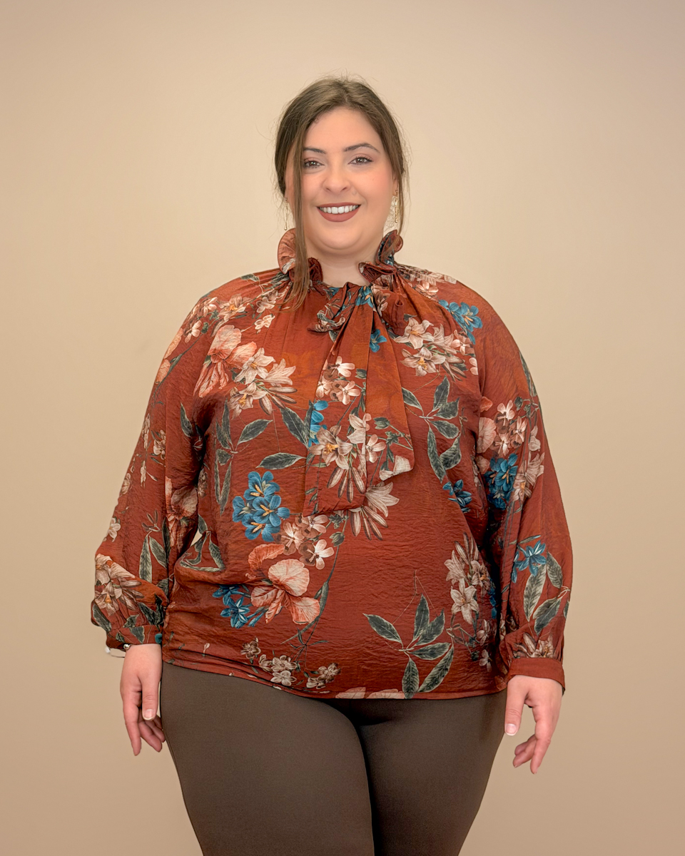 Γυναικείο Floral Μπλούζοπουκάμισο | Δέσιμο στον Λαιμό με Ρομαντικό Βολάν