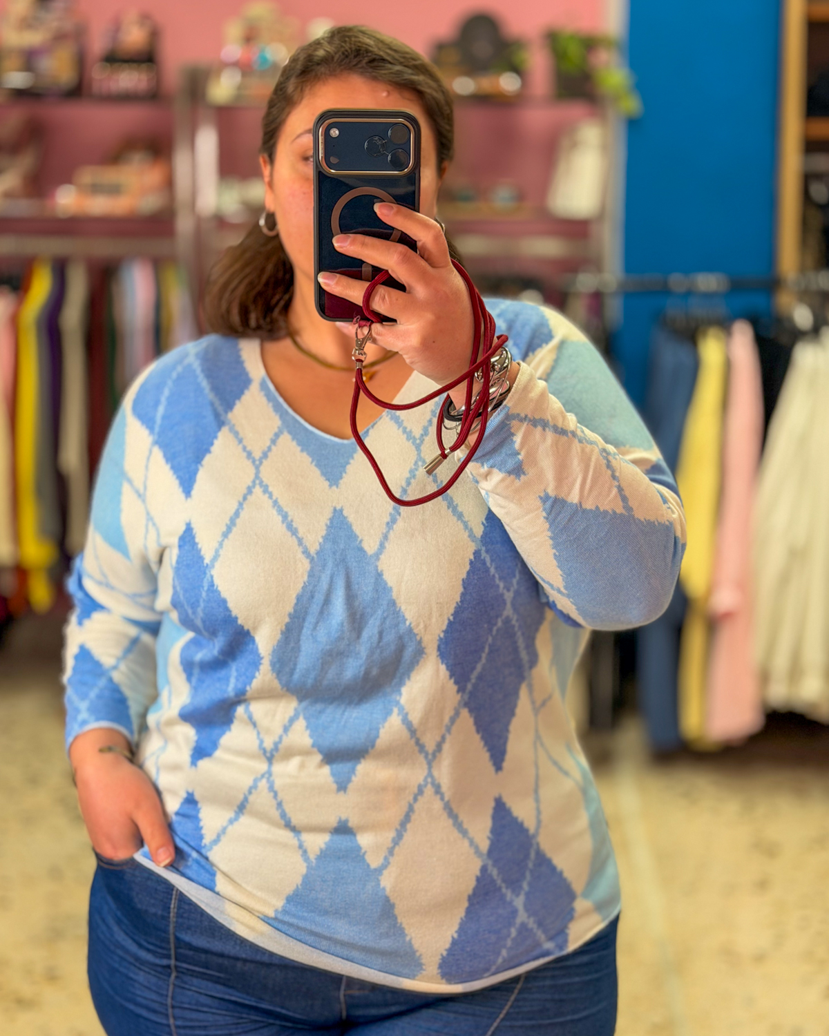 Γυναικείο Ψιλό Πλεκτό Μπλουζάκι με Σχέδιο Ρόμβους | Ελαστικό Oversize | Plus Size - Μπλε, One SizeΓυναικείο Ψιλό Πλεκτό Μπλουζάκι με Σχέδιο Ρόμβους | Ελαστικό Oversize | Plus Size - Μπλε, One Size