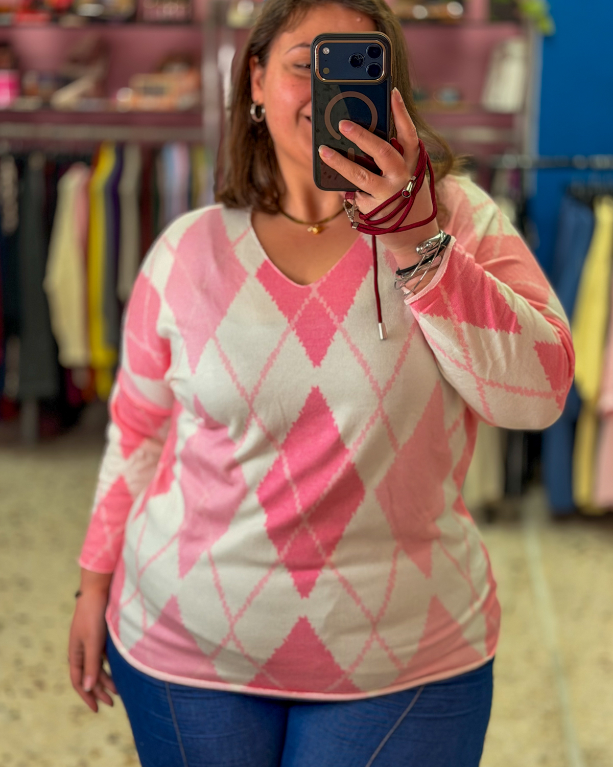 Γυναικείο Ψιλό Πλεκτό Μπλουζάκι με Σχέδιο Ρόμβους | Ελαστικό Oversize | Plus Size - Ροζ, One Size