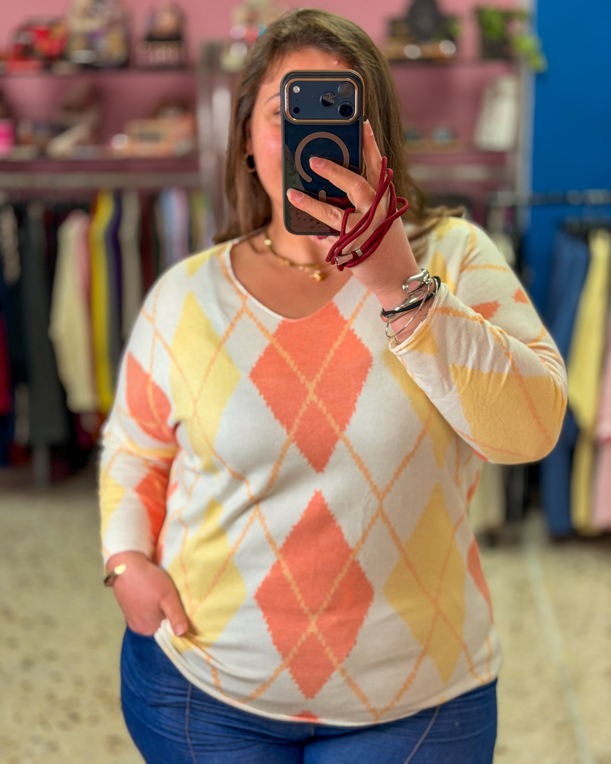 Γυναικείο Ψιλό Πλεκτό Μπλουζάκι με Σχέδιο Ρόμβους | Ελαστικό Oversize | Plus Size - πορτοκαλί, One SizeΓυναικείο Ψιλό Πλεκτό Μπλουζάκι με Σχέδιο Ρόμβους | Ελαστικό Oversize | Plus Size - πορτοκαλί, One Size