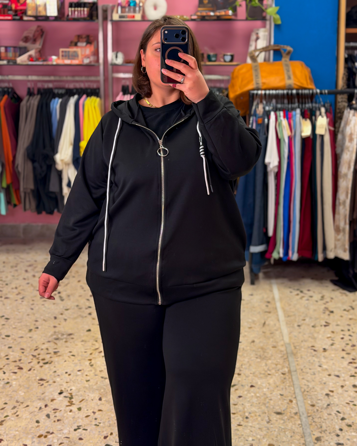 Σετ Ψιλό Φούτερ με Ζακέτα & Ίσιο Παντελόνι | Plus Size - Μαύρο, One Size